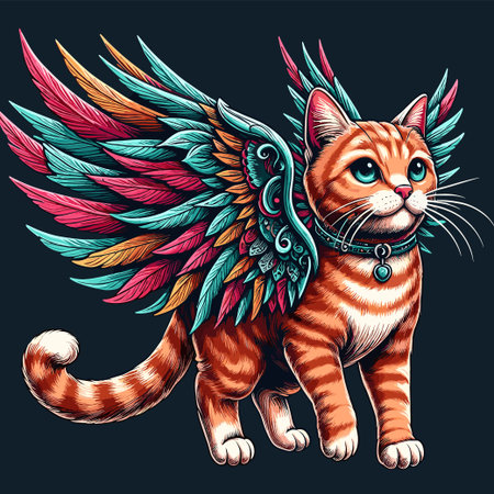 A cat with colorful wings is standing on a black background. The cat has a collar around its neck and a blue tag. The image has a whimsical and playful moodのイラスト素材