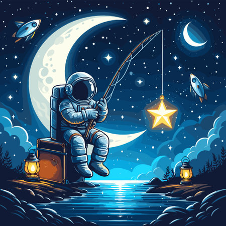A man in a space suit is fishing in the ocean. The sky is dark and the stars are shining brightlyのイラスト素材