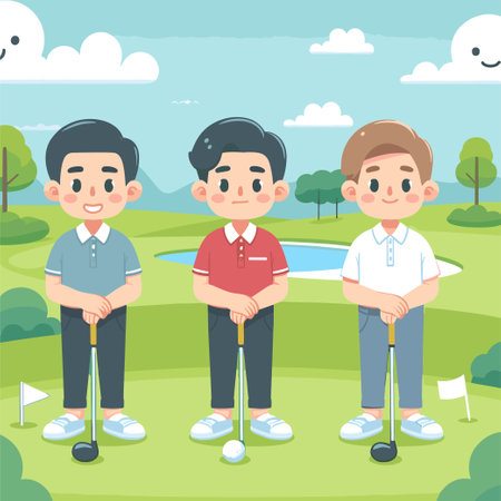 Three young men are playing golf in a park. They are all wearing red shirts and are holding golf clubsのイラスト素材