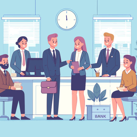 A group of people in suits are gathered around a desk with a clock on the wall. One of the men is holding a briefcaseのイラスト素材