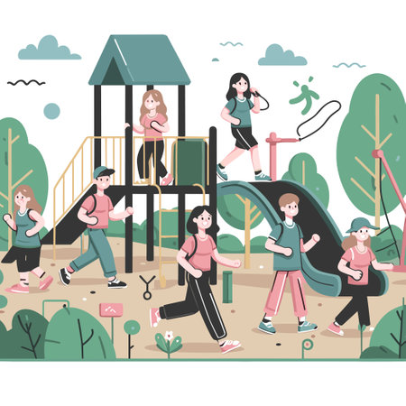 A group of people are running in a park. The park has a playground with a slide and a swingのイラスト素材
