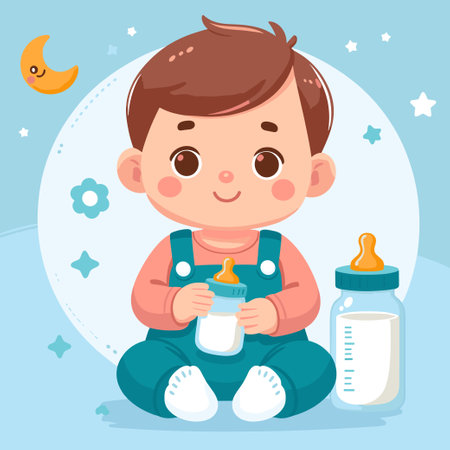 A baby is sitting on a bed with a bottle and a pacifier. The baby is smiling and seems to be enjoying the bottleのイラスト素材