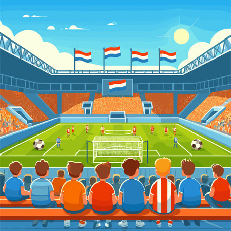 A soccer field with a crowd of people watching the game. Scene is lively and energetic, as the fans are cheering for their favorite teamのイラスト素材