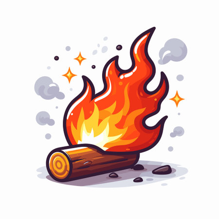 A cartoon drawing of a log with a flame on it. The flame is orange and yellow, and it is surrounded by smoke. Scene is warm and cozy, as if the viewer is looking at a campfireのイラスト素材