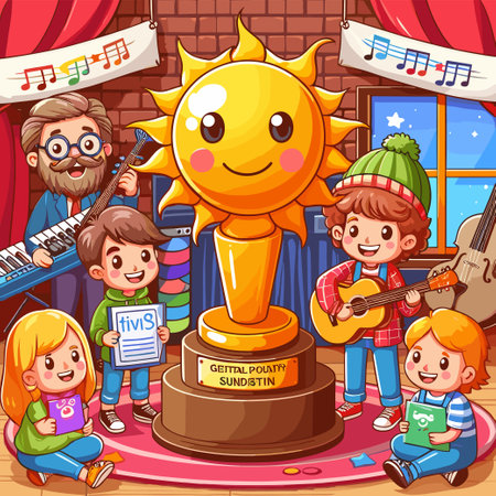 A group of children are gathered around a large golden trophy, with one of them holding a piece of paper that says "Gental Potaty Sunist". The children are smiling and seem to be enjoying themselvesのイラスト素材