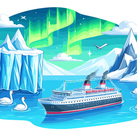 A cruise ship is sailing through the ocean with a polar bear in the background. The ship is surrounded by ice and snow, and the sky is filled with aurorasのイラスト素材