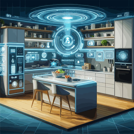A kitchen with a futuristic design and a glowing blue light. The kitchen is filled with various appliances and utensils, including a refrigerator, oven, sink, and a bowl of fruitのイラスト素材