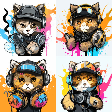 Four cats wearing headphones and one of them is holding a microphone. The image is a playful and fun representation of cats enjoying musicのイラスト素材