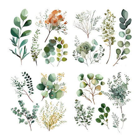 A set of six different types of leaves, including eucalyptus, are shown in various sizes and orientationsのイラスト素材