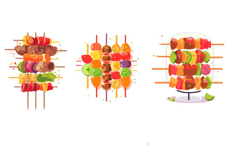 Three different types of skewers with various meats and vegetables. The first skewer has a mix of meats and vegetables, the second skewer has only vegetables, and the third skewer has only meatsのイラスト素材