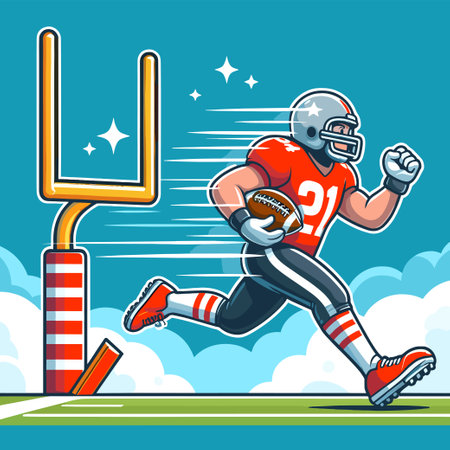 A football player is running with a football in his hands. He is wearing a red jersey and black pantsのイラスト素材