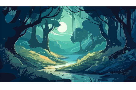 A dark forest with a river running through it. The moon is shining brightly in the skyのイラスト素材