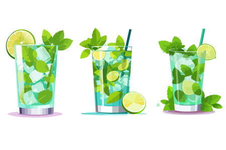 Three glasses of green drinks with a lime slice in the middle. The drinks are served in a rowのイラスト素材