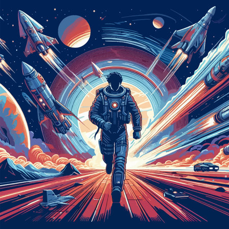 A man in a spacesuit is walking through a tunnel with a rocket behind him. The image is a colorful...
