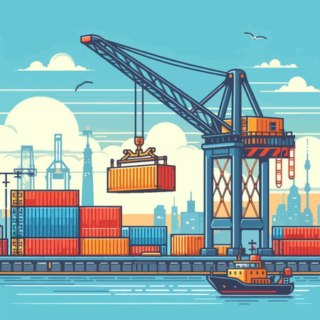 A large crane is lifting a container off a ship. The scene is set in a harbor with a city in the backgroundのイラスト素材