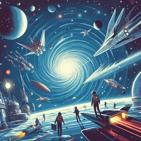 A painting of a space scene with a spiral galaxy in the center. There are many spaceships and people in the paintingのイラスト素材