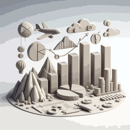 A cityscape with a lot of buildings and a plane flying in the sky. The image is a representation of the growth and development of a cityのイラスト素材