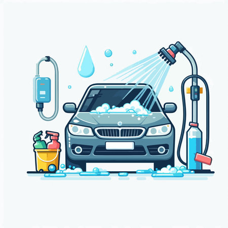A car is being washed with a hose and a bucket. The car wash is a place where people can get their cars cleanedのイラスト素材