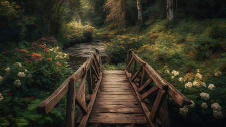 A wooden bridge over a stream with wildflowers on either side. The bridge is old and worn, but it...
