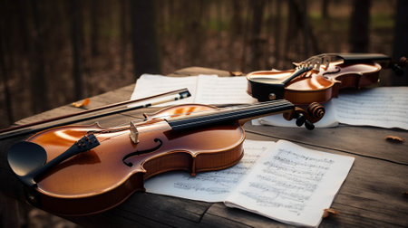 Two violins are on a table with sheet music. The violins are brown and the sheet music is white. The violins are placed next to each other and the sheet music is spread out in front of themの写真素材
