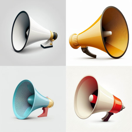 Four different colored megaphones are shown in a row. The megaphones are blue, red, yellow, and white. The blue megaphone is the leftmost one, and the white one is the rightmostの写真素材