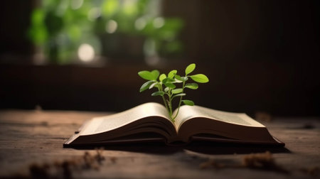 A book is open to a page with a plant growing out of it. The scene is peaceful and calming, and it seems to represent growth and new beginningsの写真素材