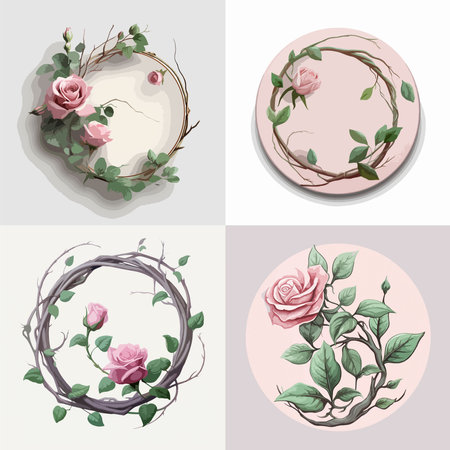 A set of four floral designs, each featuring a rose and a wreath. The designs are all in different shades of pink and feature various types of leaves and branches. The mood of the images is softのイラスト素材