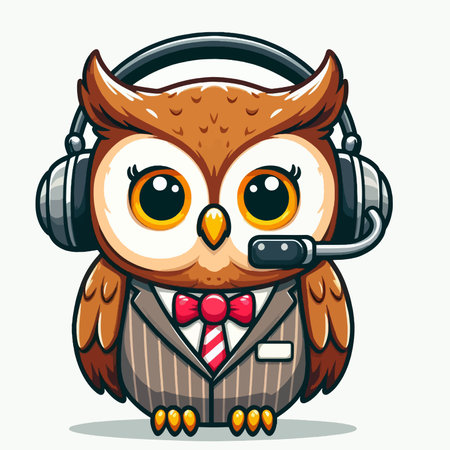 A cartoon owl wearing a suit and tie with a headset on his headのイラスト素材
