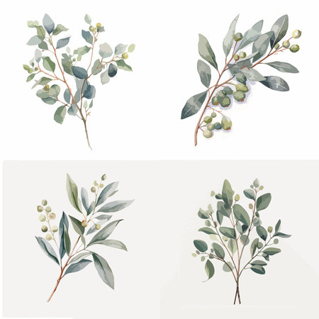 Four different types of leaves are shown in a row. The leaves are green and have a natural, organic feel to them. Concept of calm and tranquility, as the leaves are depicted in various sizesのイラスト素材