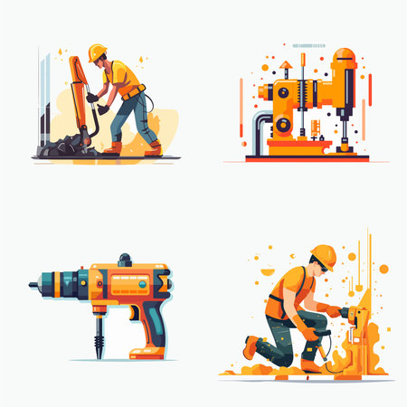 A man is working with a drill. The image is a collection of four different scenes of construction workersのイラスト素材