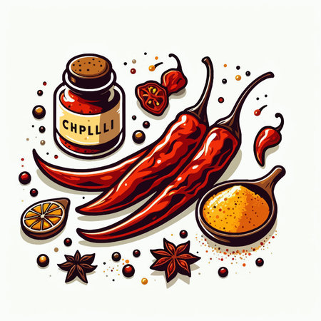 A drawing of a spice rack with a bottle of chili powder and two red peppersのイラスト素材