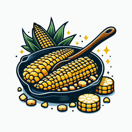 A drawing of corn and a spoon in a panのイラスト素材