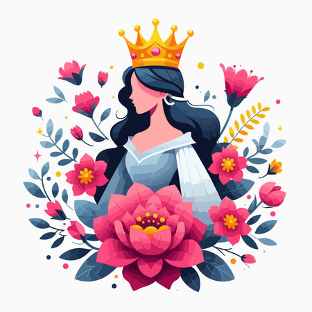 A woman with a crown and flowers surrounding her. The image has a royal and elegant feel to itのイラスト素材