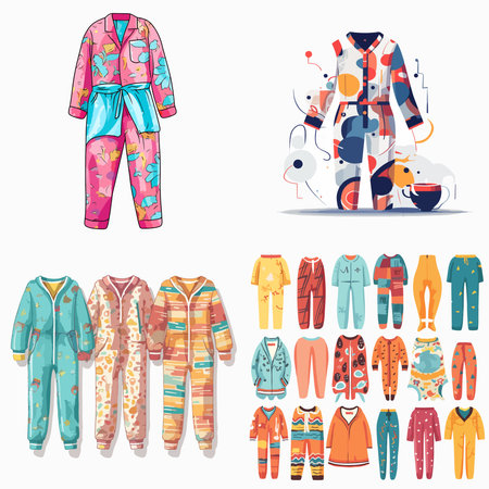 A collection of colorful clothing, including pajamas, is displayed in a variety of styles and patterns. Scene is cheerful and playful, with the bright colors and whimsical designs of the clothingのイラスト素材
