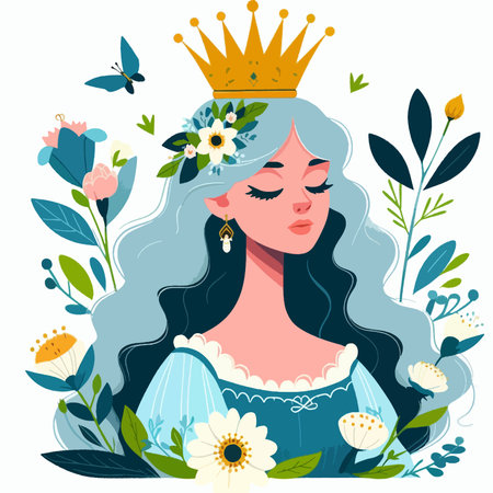 A woman with long blue hair is wearing a crown and surrounded by flowers. The image has a whimsical and playful mood, with the flowers and crown giving the impression of a fairy tale or fantasy worldのイラスト素材