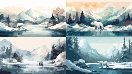 A series of four paintings of polar bears in the snow. The paintings are all different, but they all have a similar mood and conceptのイラスト素材
