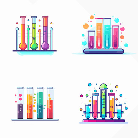 Four different colored glass beakers with different colored liquids in them. The beakers are arranged in a row, with the first one on the left and the last one on the rightのイラスト素材