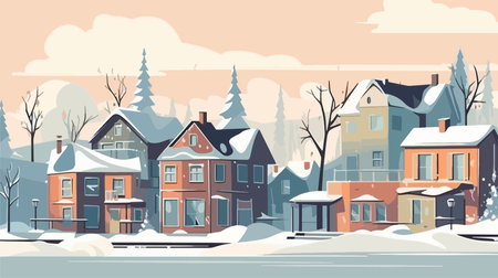 A winter scene with houses and trees. The houses are all different colors and sizes. The sky is cloudy and the snow is covering the groundのイラスト素材