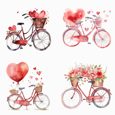Four different bicycles with flowers and hearts on them. The bicycles are all red and have a romantic feel to themのイラスト素材