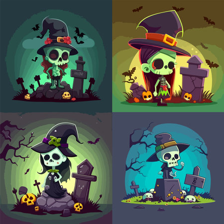 Four Halloween themed images of witches and skeletons. The first image features a skeleton wearing a witch's hat and sitting on a graveのイラスト素材