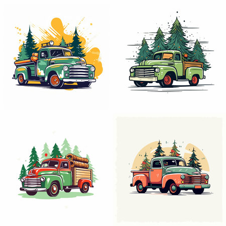 A green truck with a red cab is driving through a forest. The truck is decorated with Christmas trees and other festive decorationsのイラスト素材