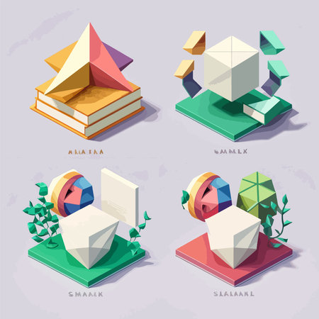 Four different colored cubes with a book on top of one of them. The book is titled "Allaalaa"のイラスト素材