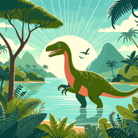 A green dinosaur is walking through a jungle with palm trees in the background. The dinosaur is looking at the camera and he is curiousのイラスト素材