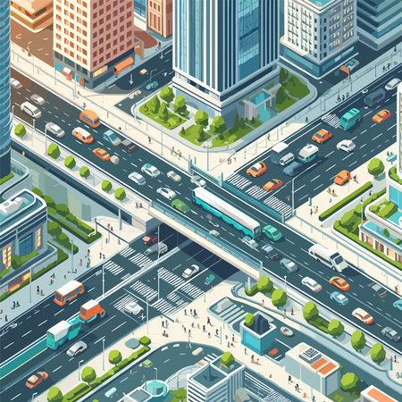 A city street with a bus and cars on it. Scene is busy and bustlingのイラスト素材