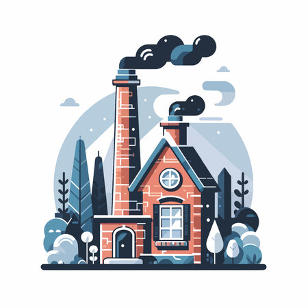 A brick house with a chimney and smoke coming out of it. The house is surrounded by trees and bushesのイラスト素材