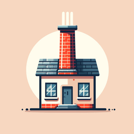 A brick house with a chimney and a window. The house is small and has a simple designのイラスト素材