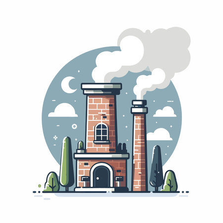 A brick building with a chimney and smoke coming out of it. The building is surrounded by trees and has a cloudy sky in the backgroundのイラスト素材