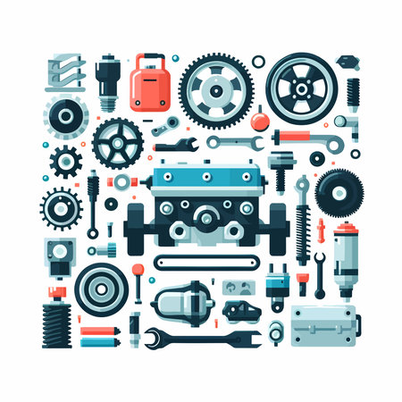A collection of car parts and tools. The image is a collage of various car parts and tools, including a wrench, a tire, and a spark plug. Scene is one of creativity and innovationのイラスト素材