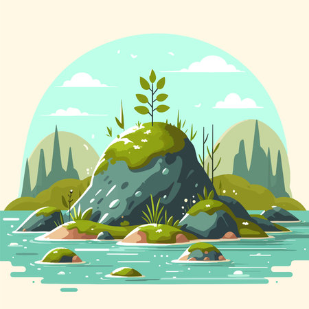 A rocky hillside with a small tree growing on it. The hill is surrounded by trees and the water is calm. The scene is peaceful and sereneのイラスト素材