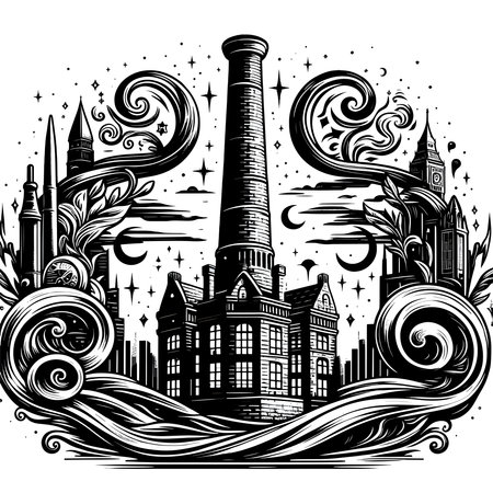 A black and white drawing of a city with a large building in the center. The drawing has a vintage feel to it and the buildings are very detailedのイラスト素材